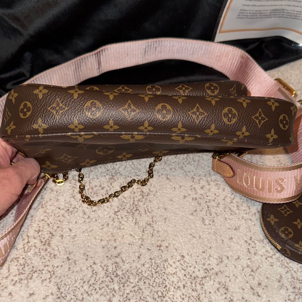 Louis Vuitton Brown Monogram Crossbody Bag with Pink Strap - Picture 14 of 17